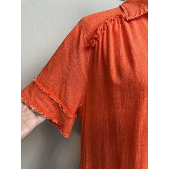 Umgee Anthropology Tunic Dress L Linen Blend V-Neck Short Sleeve Raw Frayed Hem - Picture 2 of 16